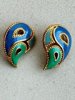 Vintage AVON Enamel Paisley Earrings 1960s Gold Tone Metal Blue/Teal Jewelry